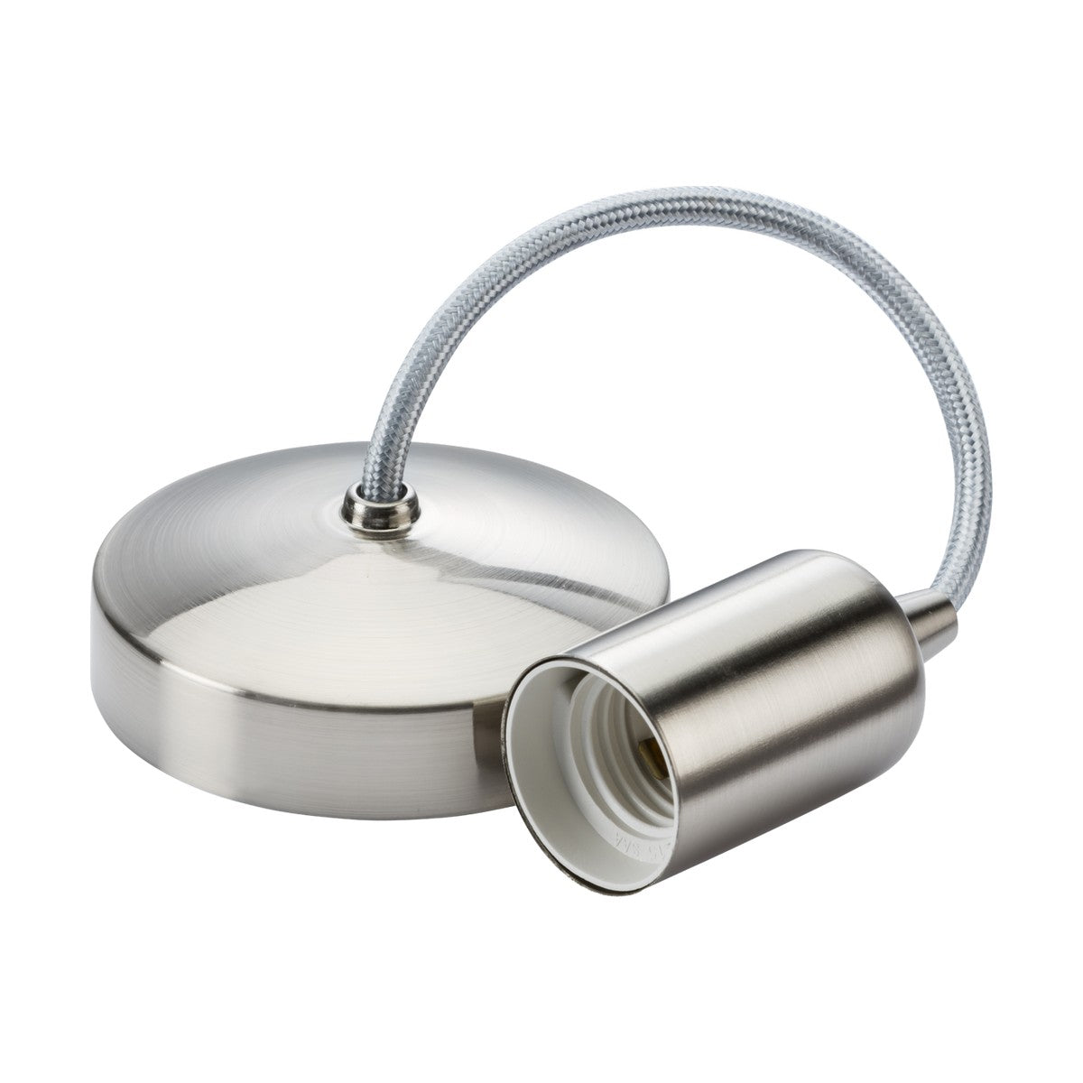Introducing the 6" ES Contemporary Pendant Set - Brushed Chrome, which showcases a chic metallic design complete with a smooth brushed chrome finish. It includes a short, grey fabric-covered cord and features a circular ceiling mount alongside an E27 lamp base housed in its cylindrical socket.