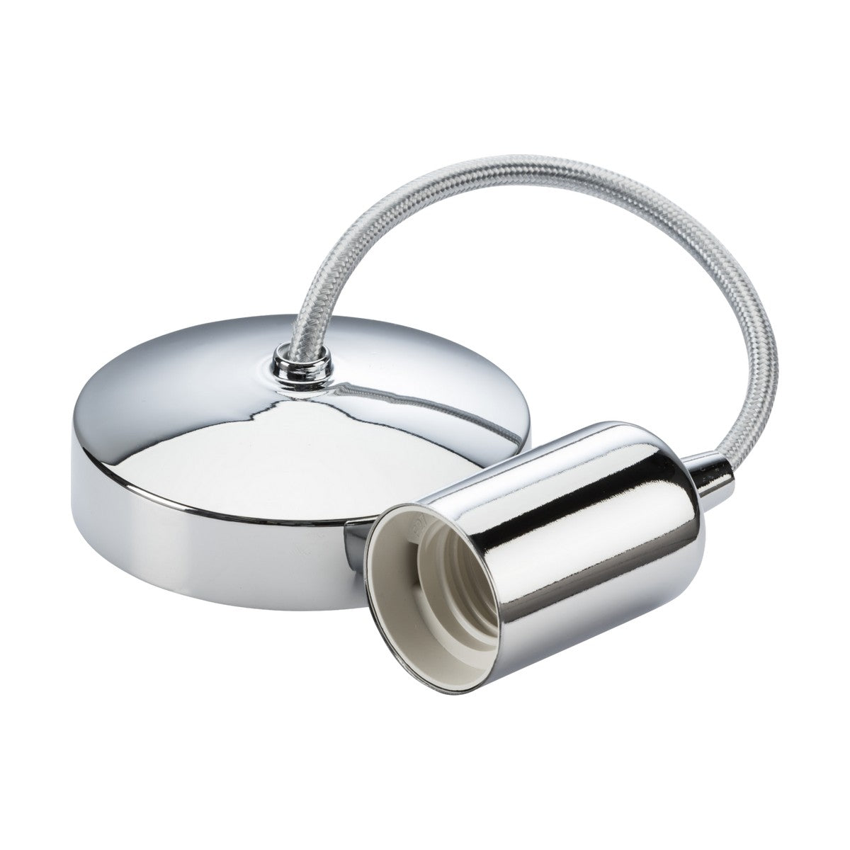 The 6" ES Contemporary Pendant Set in polished chrome features a sleek and modern design with a cylindrical bulb holder and an elegant metal pendant lamp holder. It's attached to a round base with a flexible, braided metal cord, perfectly complementing its E27 lamp base.