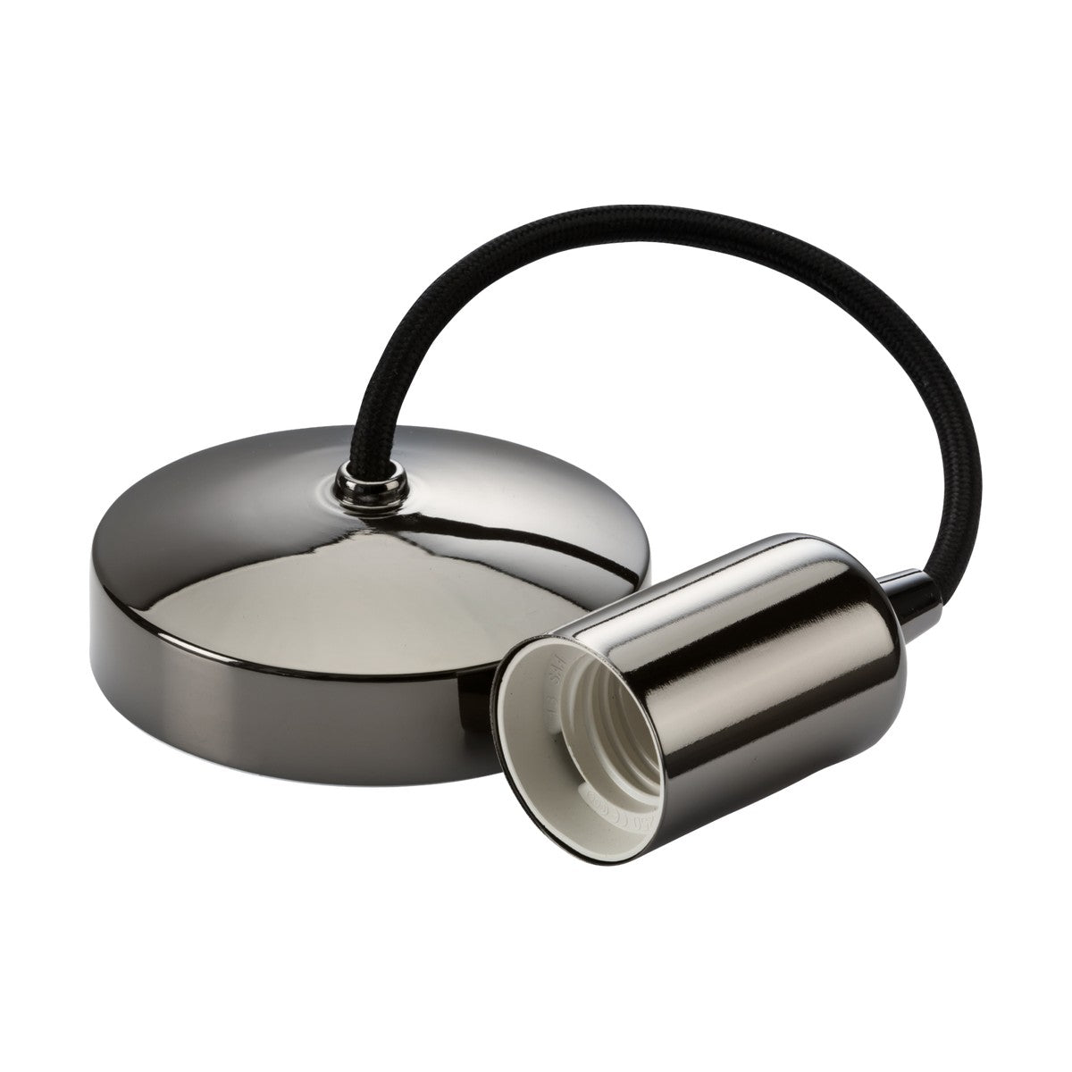 Introducing the 6" ES Contemporary Pendant Set in Black Nickel: a chic metal pendant lamp with a lustrous metallic finish, showcasing an E27 bulb holder and a circular ceiling mount, all elegantly connected by a stylish black cable.