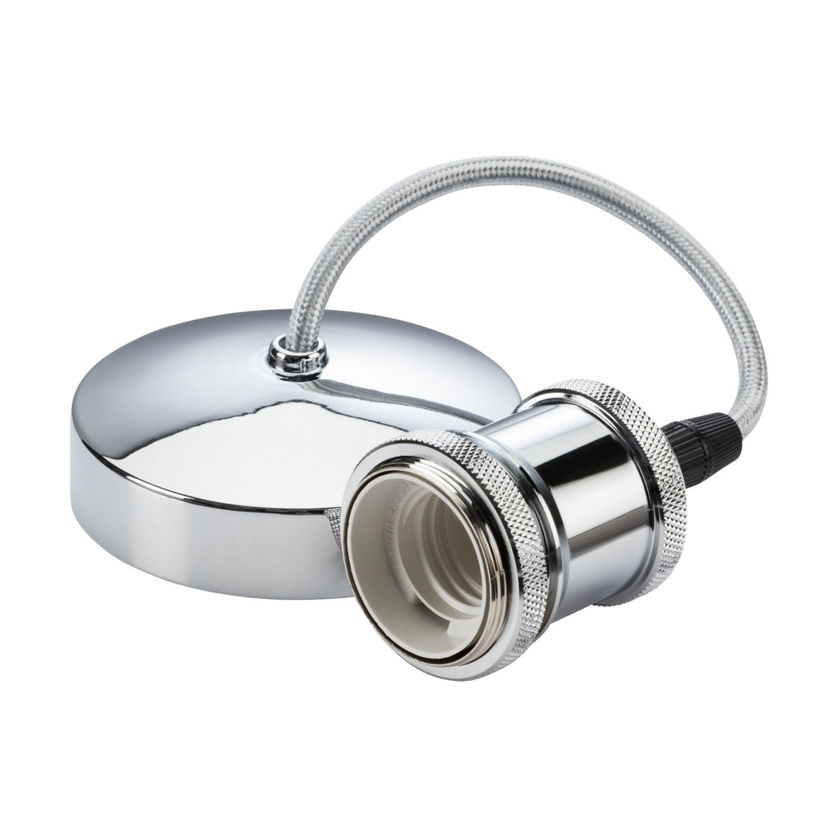 The 6" ES Vintage Pendant Set - Polished Chrome showcases a sophisticated silver finish with a circular base and socket connected by a braided cord. Its polished chrome surface provides a shiny, reflective quality, while the E27 lamp base is ideal for modern interiors looking to incorporate timeless elegance.