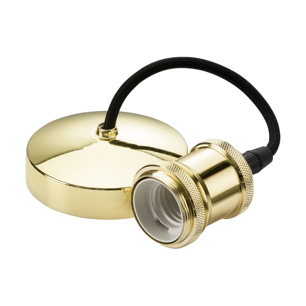 This 6" ES Vintage Pendant Set in polished brass is a gold ceiling light fixture with a round base and a sleek black cord connecting the socket, designed to elegantly display a light bulb.