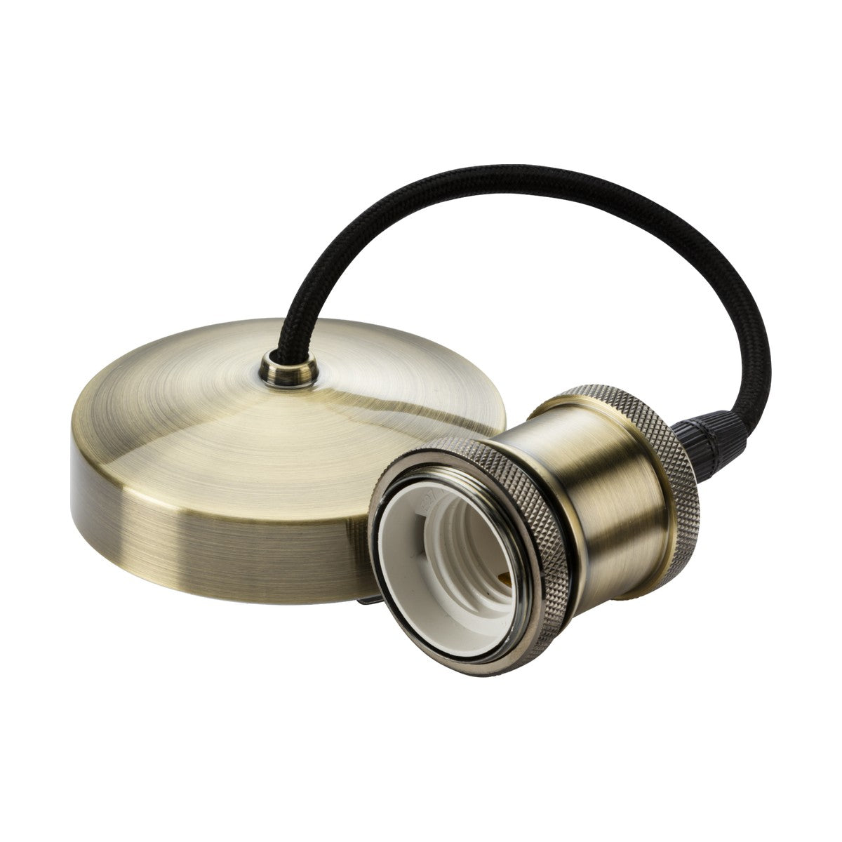 The 6" ES Vintage Pendant Set - Antique Brass is a vintage-style bronze light fixture featuring an antique brass lamp holder. It includes a round ceiling mount and a metal bulb holder connected by a black cord, showcasing a brushed metallic finish and an E27 lamp base to enhance its timeless elegance.