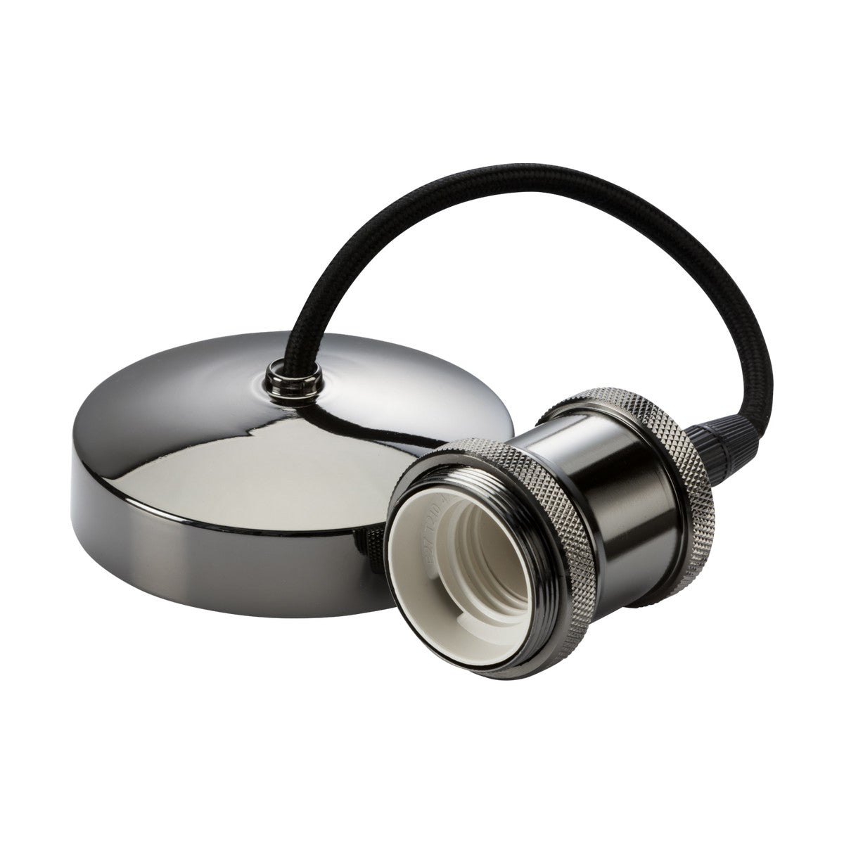 Introducing the 6" ES Vintage Pendant Set - Black Nickel: This vintage-style pendant lamp features a glossy black finish and a round base connected by a black cord to an E27 lamp base. The cylindrical light socket boasts a textured grip elegantly finished with Black Nickel.