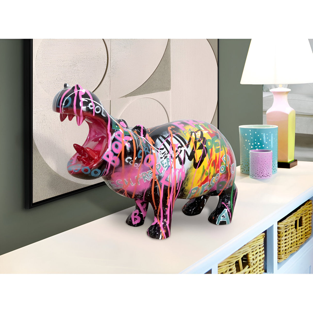 Hippo Multicolour Graffiti Hippopotamus Figurine - 34cm