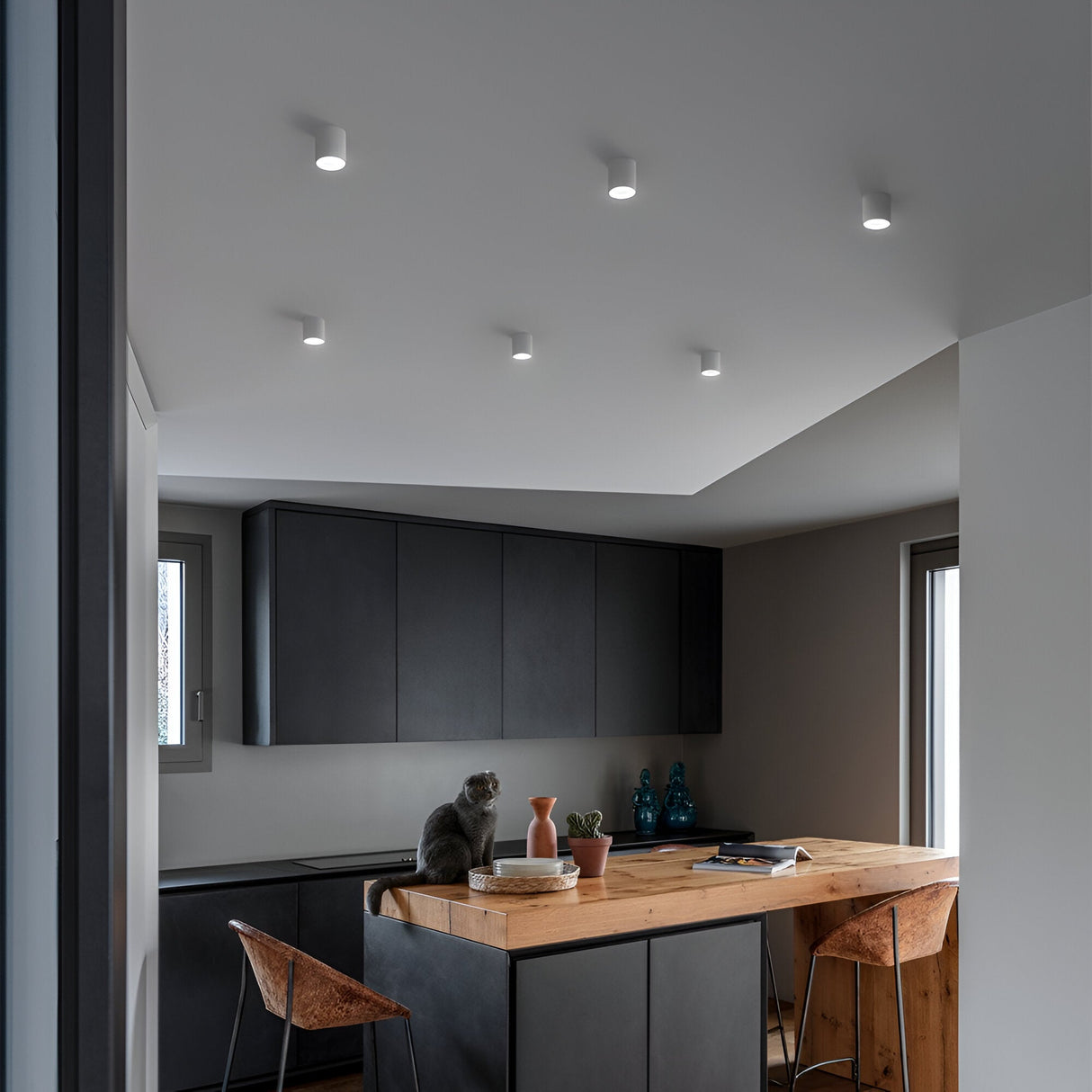 A contemporary kitchen features dark cabinets and a wooden countertop. At the island, there are two brown chairs with a cat lounging on one of them. Minimalist decor highlights include plants and blue vases. The space is illuminated by recessed ceiling lights, specifically the Solace LED Round Downlight 4W 3000K - White, adding a modern touch to the ambiance.