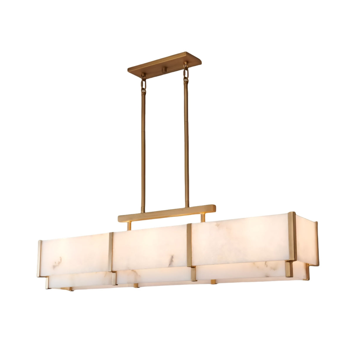 The Albyso LED Linear Alabaster Chandelier features a modern rectangular design with frosted soft white glass panels and a brushed brass frame, suspended from two matching rods and ceiling mount.