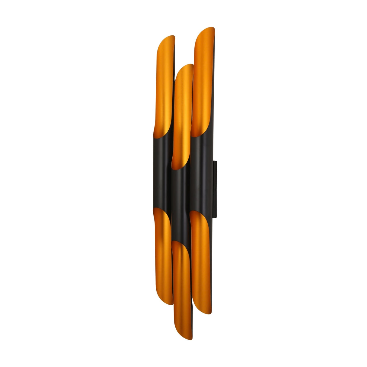 The Stealth 6 Light Wall Light combines a sleek black fixture with brass vertical elements, offering modern architectural wall lighting and artistic design against a white background.