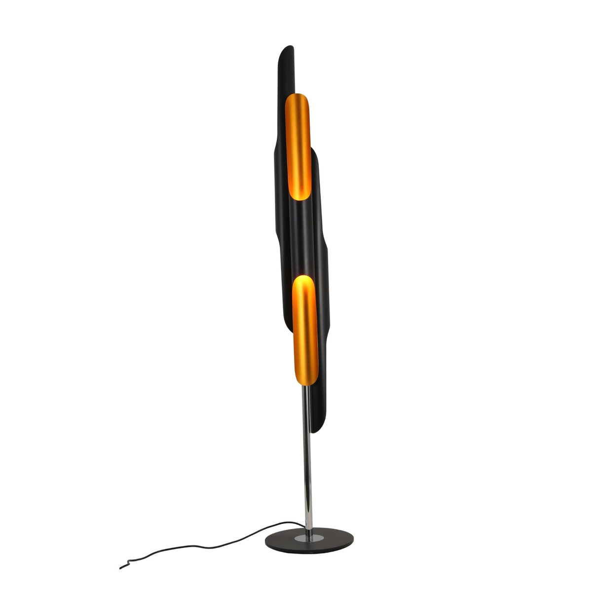 The Stealth 6 Light Floor Lamp in brass and black features a sleek vertical body with three elongated orange panels, a round base, metal pole, and visible black cord. It brings stylish modern lighting to any space against a white background.