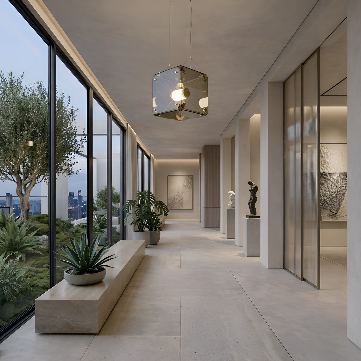 Modern hallway features floor-to-ceiling windows, potted plants, sculptures, and abstract art. City skyline and greenery shine outside, while the Qbic LED Large Pendant Light - Clear adds a touch of elegance with its modern design inside.