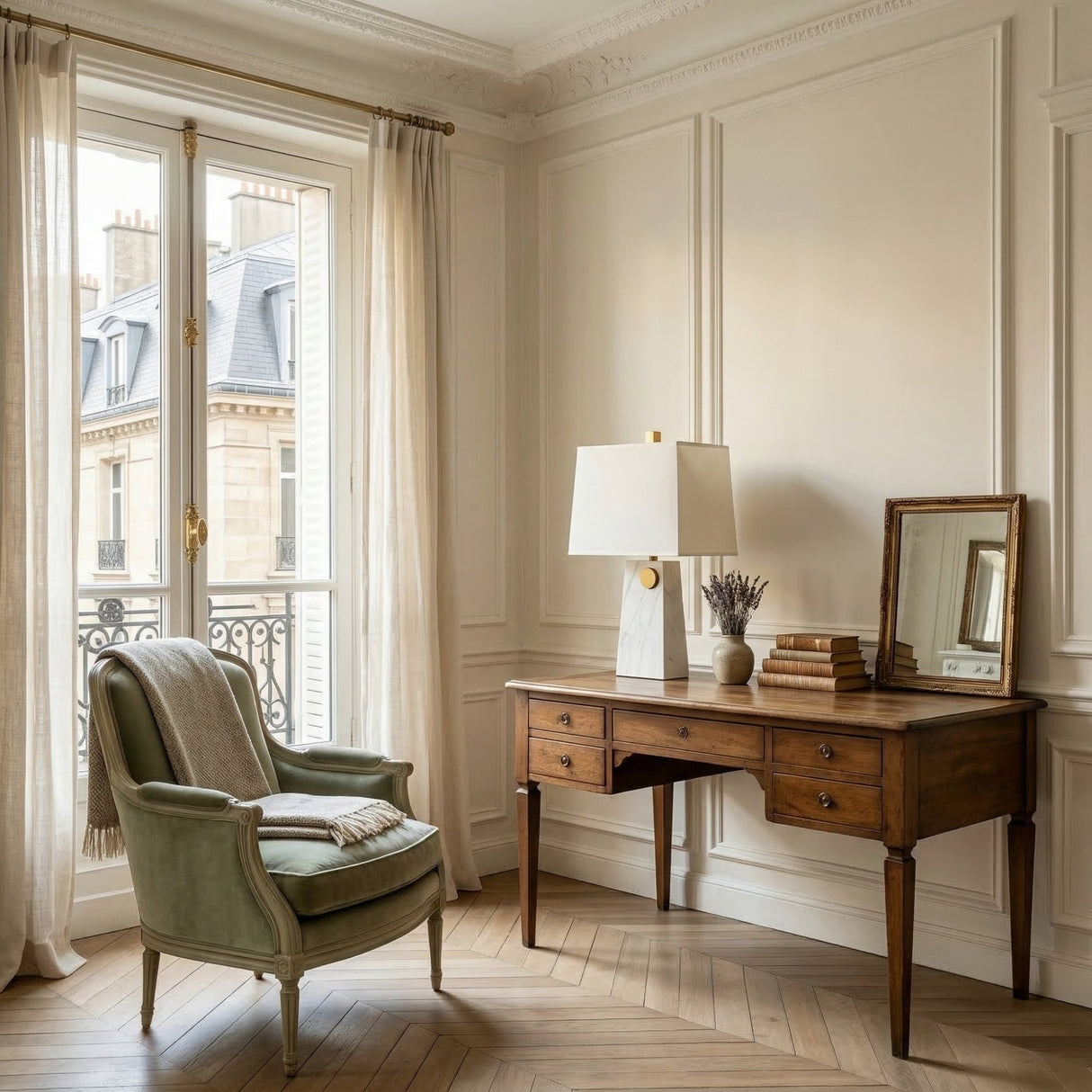 A bright, elegant room with a large window, cream curtains, a green armchair with a throw blanket, and a wooden desk topped with books, a vase, a framed mirror, and the Virelon 1 Light Pierced Marble Table Lamp in Brass & White on herringbone wood floors.
