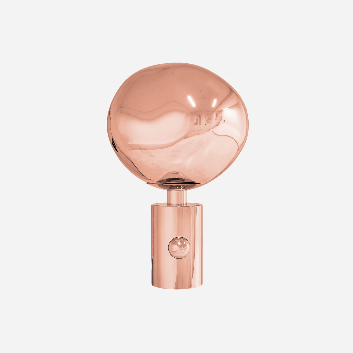 The Lava Table Lamp - Copper boasts a modern design with a rose gold metallic finish, featuring a spherical, reflective top sitting atop a cylindrical base. Its organic elegance is beautifully highlighted against a plain white background.
