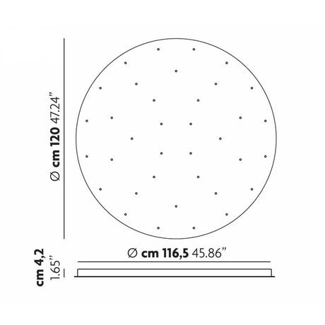 Illustration of a circular item resembling pendant lights, featuring the Cluster 36 Light Round Canopy - White. The primary diameter measures 120 cm (47.24 inches), with a thickness of 4.2 cm (1.65 inches) and an inner diameter of 116.5 cm (45.86 inches). The circle includes evenly spaced small dots similar to those found on the canopy design.