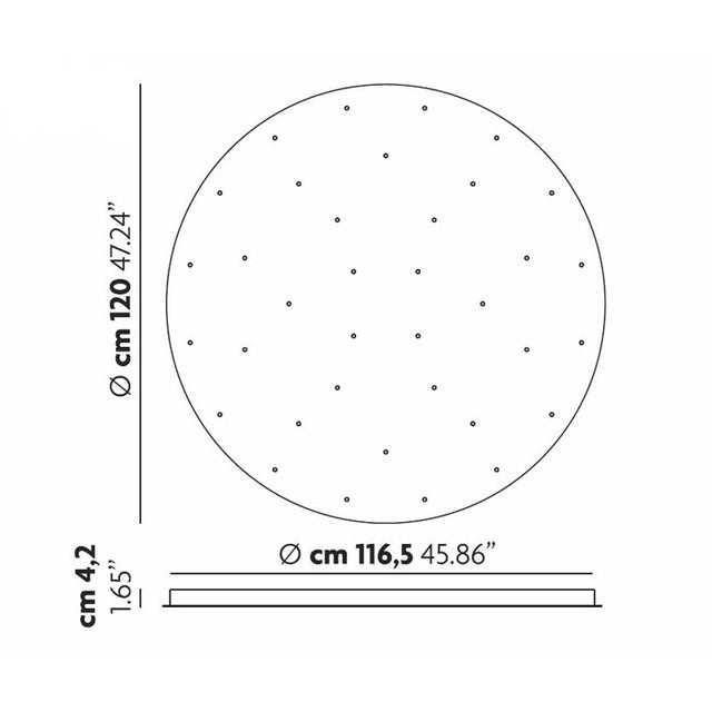 Illustration of a circular item resembling pendant lights, featuring the Cluster 36 Light Round Canopy - White. The primary diameter measures 120 cm (47.24 inches), with a thickness of 4.2 cm (1.65 inches) and an inner diameter of 116.5 cm (45.86 inches). The circle includes evenly spaced small dots similar to those found on the canopy design.