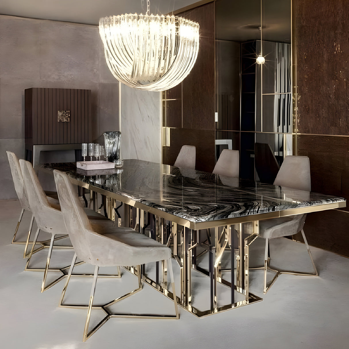 A modern dining room with a black-and-gold marble table, eight beige velvet chairs with metal legs, a Murano 6 Light Crystal Chandelier - Chrome, gold-accented decor, neutral walls, and a contemporary luxurious style.