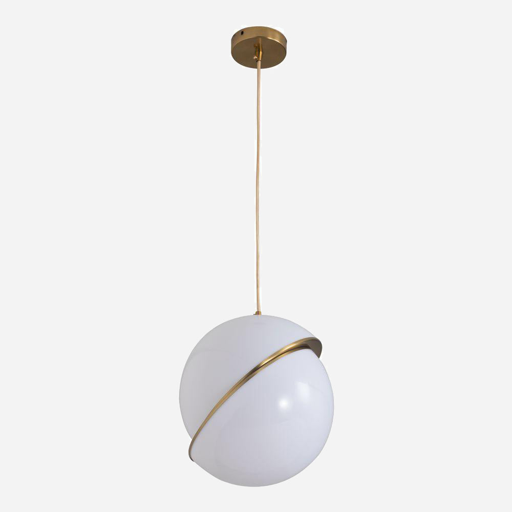 The Arc Pendant Light - Gold & White showcases contemporary design with its modern spherical white glass shade, elegantly accented by a thin brushed brass band and suspended from a sleek brass fixture and rod.