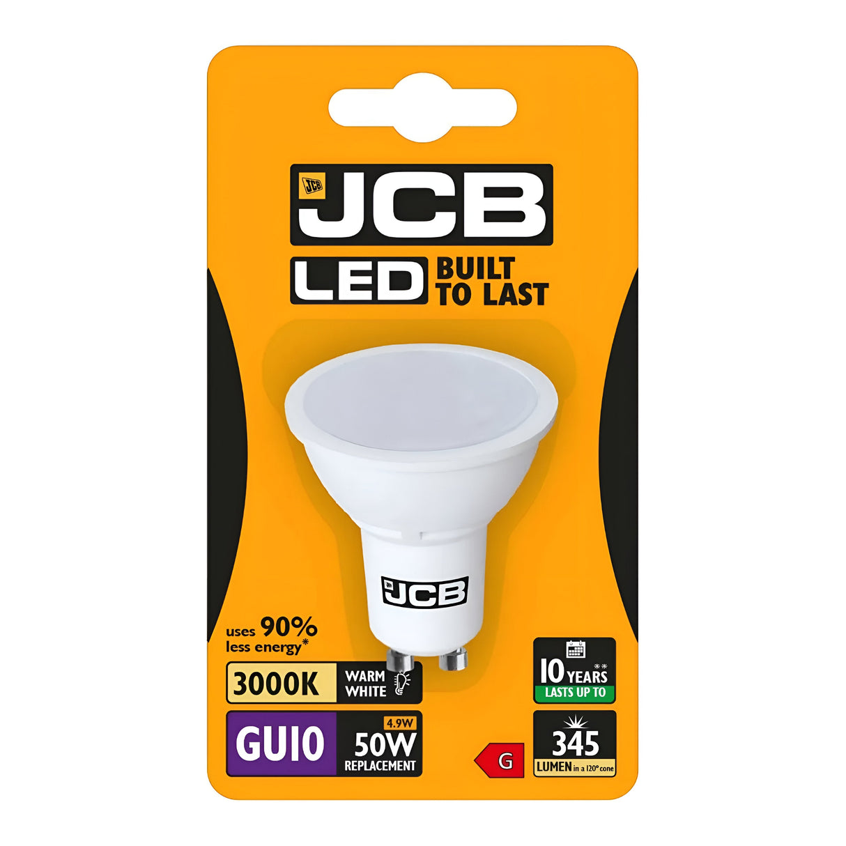 The packaging for the JCB 4.9W GU10 Non-Dimmable LED Bulb highlights its energy efficiency, using 90% less energy than traditional bulbs. It features a warm white color temperature of 3,000K and can replace 50W bulbs with a brightness of 345 lumens, offering a lifespan of up to 10 years. The orange package prominently displays the bold JCB branding and detailed product information.