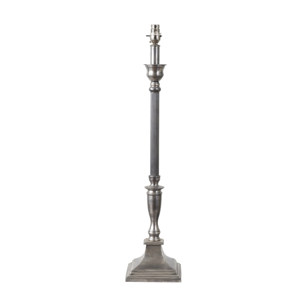 Canterbury table lamp base, 70cm, in antique silver aluminium with a fluted column, urn detail, and stepped square foot, shown on a plain white background.