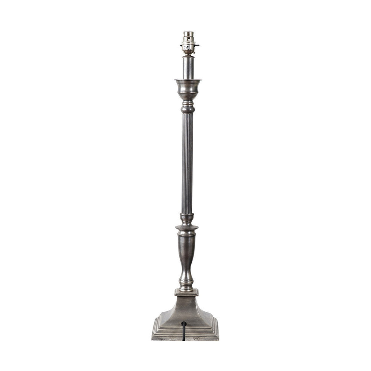 Canterbury table lamp base, 70cm, antique silver aluminium with fluted column and squared stepped base, shown without shade on a plain white background.