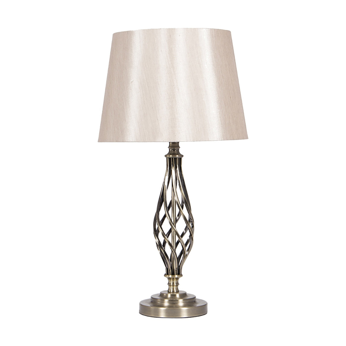 Jenna table lamp, 58cm, with an antique brass twisted spiral base and round foot, topped by a cream tapered fabric shade, shown on a plain white background.