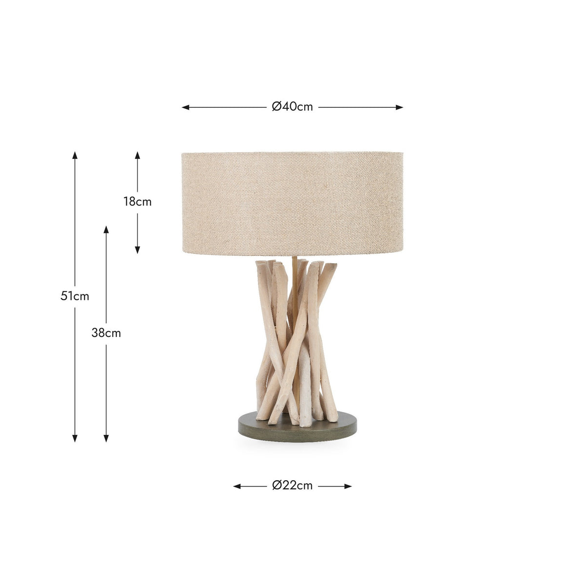 Derna Driftwood Table Lamp, 51cm, with natural jute drum shade and a base of tangled bleached driftwood pieces on a round dark stand, shown with dimensions on a white background.