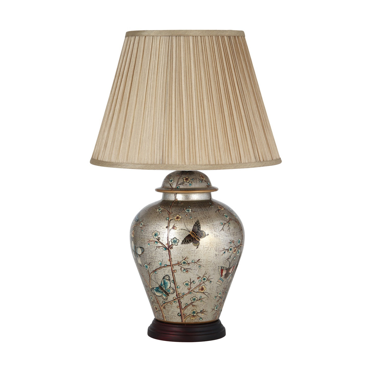 Papillon Butterfly Ceramic Table Lamp, 61cm, with gold-toned ginger jar base featuring butterfly and floral decals, pleated beige fabric shade, on a plain white background.