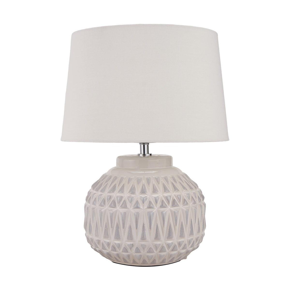 Anneli table lamp with a round ceramic base in warm white featuring an Aztec textured pattern, topped with a white tapered fabric shade, on a plain background.