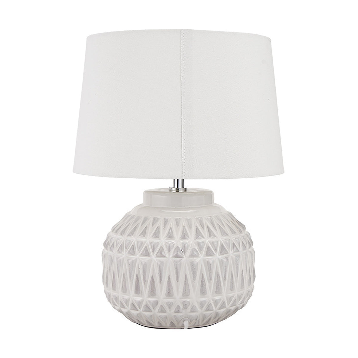 Anneli table lamp with a rounded ceramic base in warm white featuring an Aztec-style textured pattern, topped with a white fabric drum shade, on a plain background.