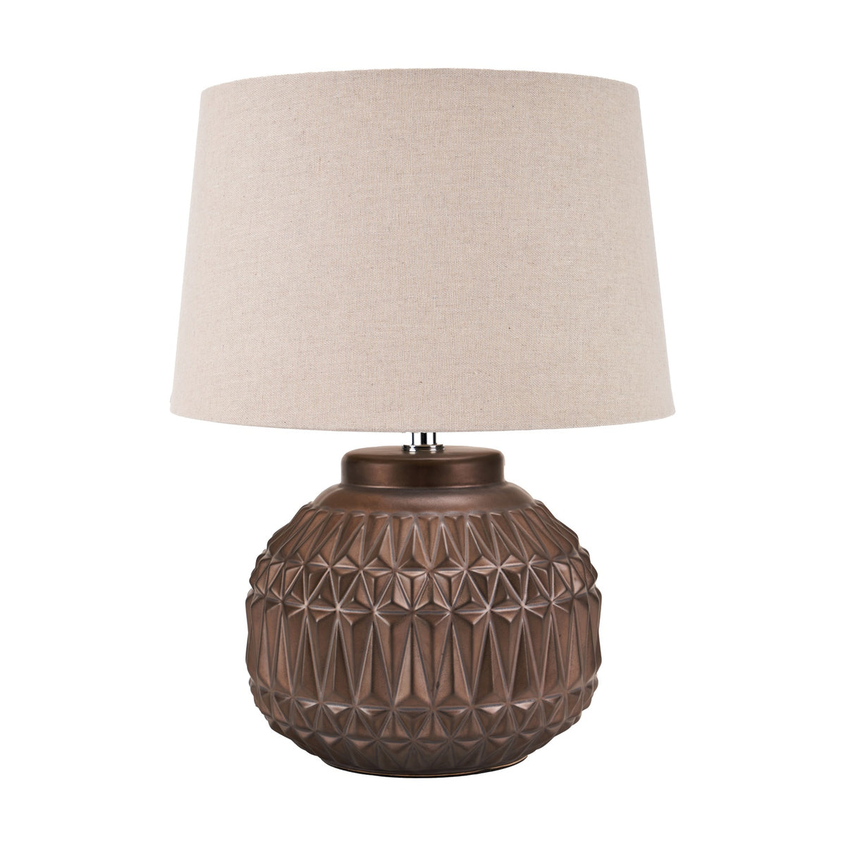 Anneli Bronze Aztec Texture Ceramic Table Lamp, 40cm, with a geometric faceted round base and a cream linen tapered shade, shown on a plain white background.