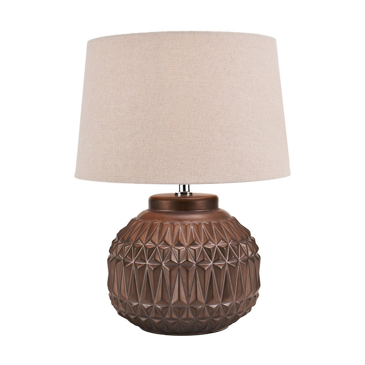 Anneli table lamp with a rounded bronze ceramic base featuring geometric Aztec-style texture, topped with a tapered cream linen shade, shown on a plain white background.