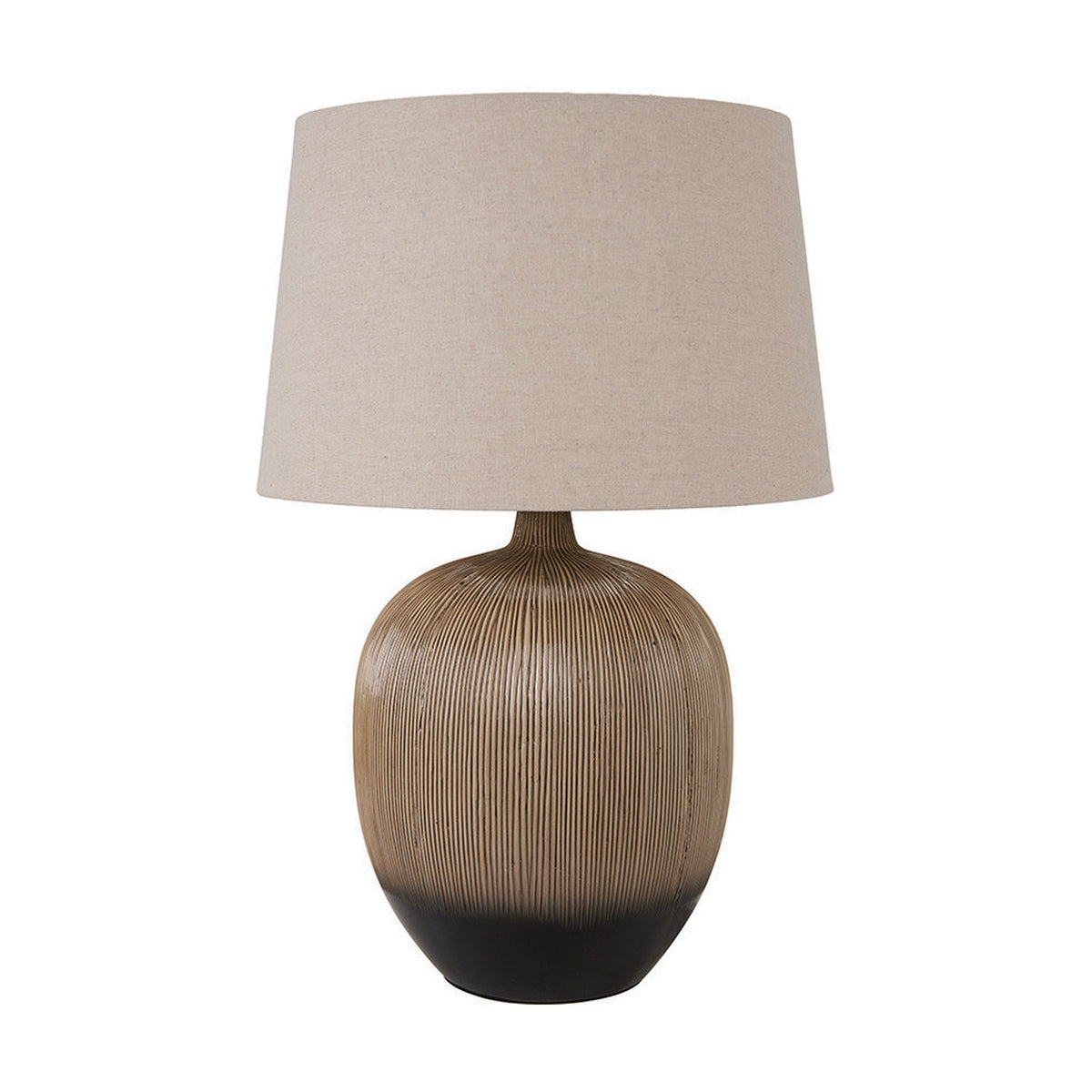 Greta Brown & Black Textured Ceramic Table Lamp, 50cm, with ridged brown base fading to black and a tapered natural linen shade, on a plain white background.