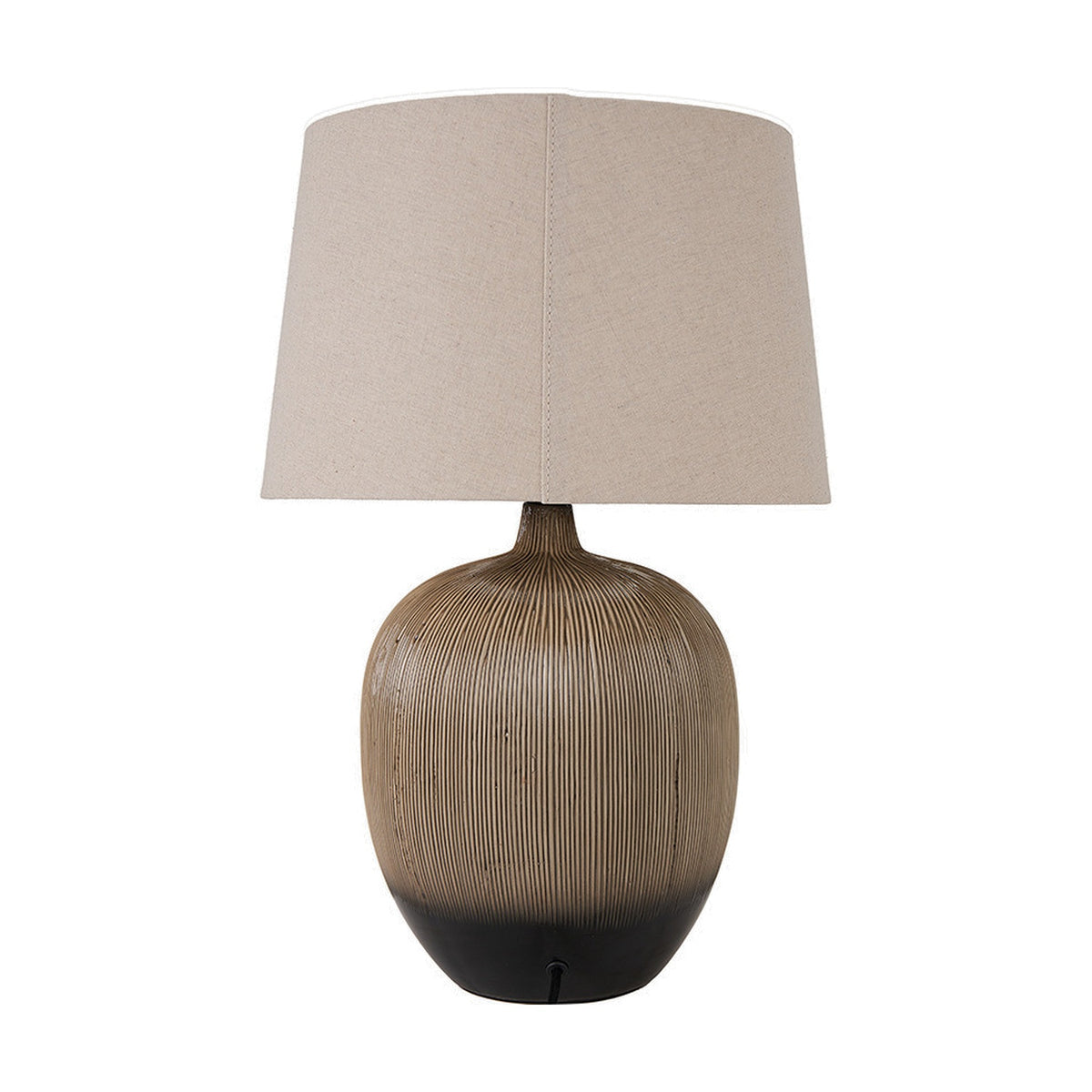Greta Brown & Black Textured Ceramic Table Lamp, 50cm, with ridged brown ceramic base fading to black and a tapered linen shade, on a plain white background.
