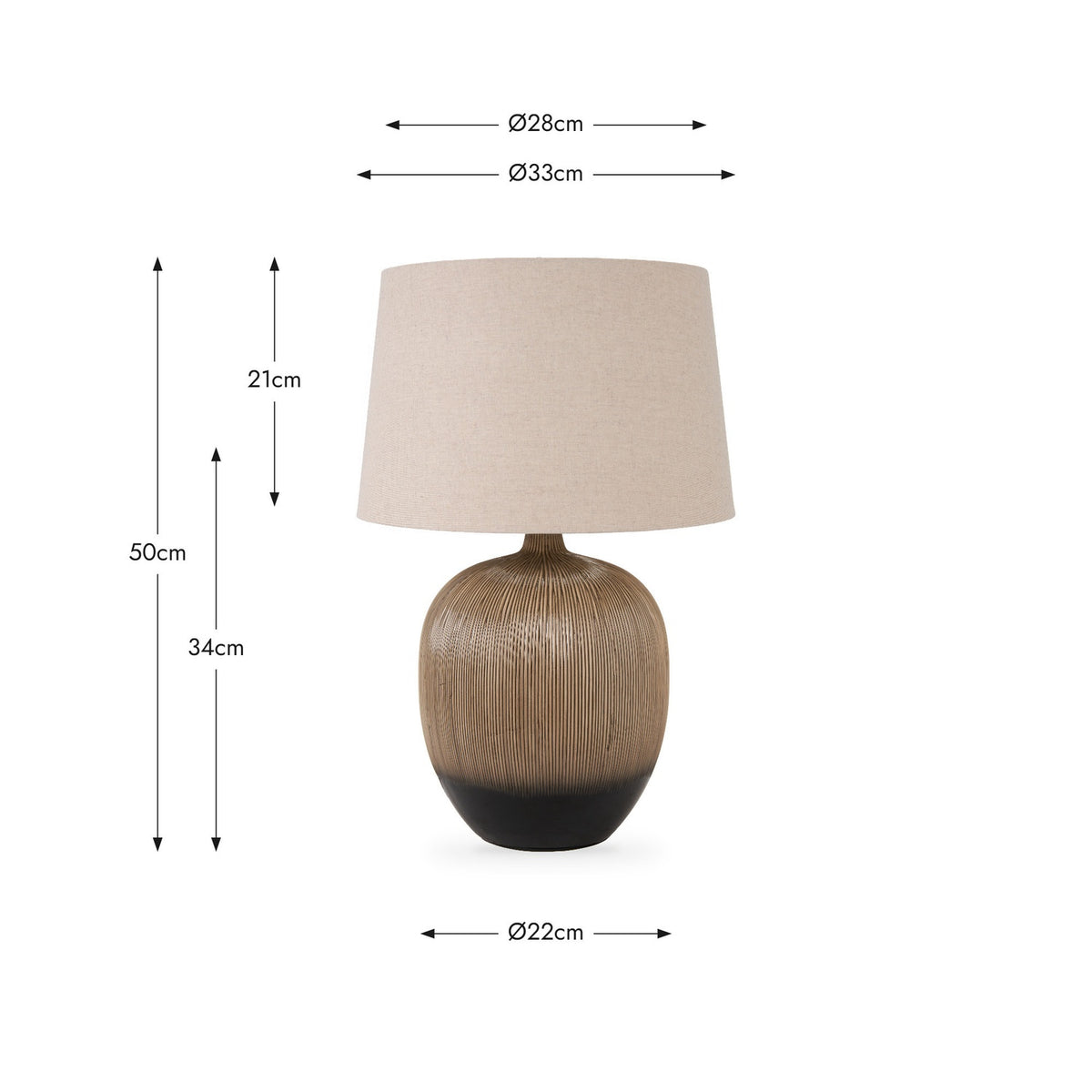Greta Brown & Black Textured Ceramic Table Lamp, 50cm tall, with ridged brown ceramic base, black lower band, and beige linen drum shade, shown with dimensions on a white background.
