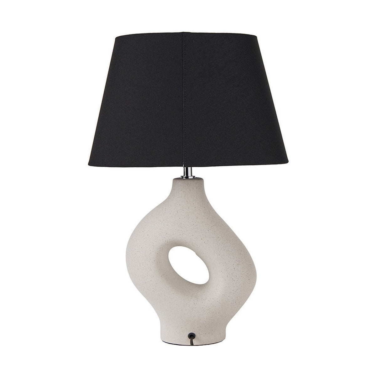 Ulla Monochrome Cream Organic Ceramic Table Lamp, 51cm, with sculptural cutout base and black tapered fabric shade, shown on a plain white background.