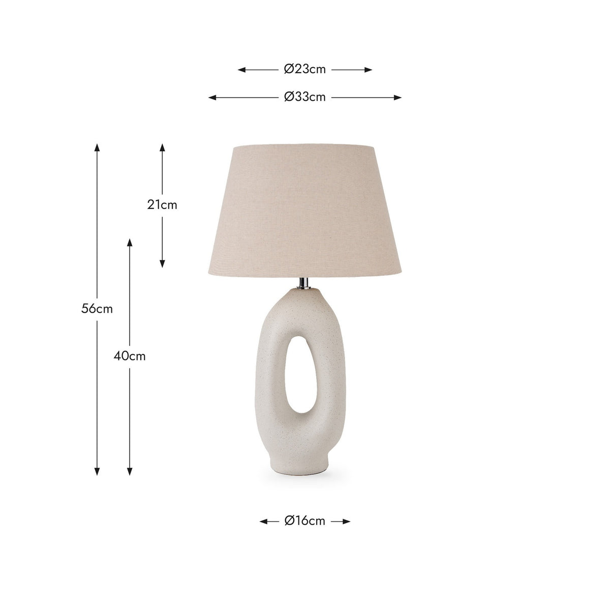 Laila Natural Beige Organic Tall Ceramic Table Lamp, 56cm, with speckled ceramic base and tapered linen shade, shown with dimension guides on a white background.