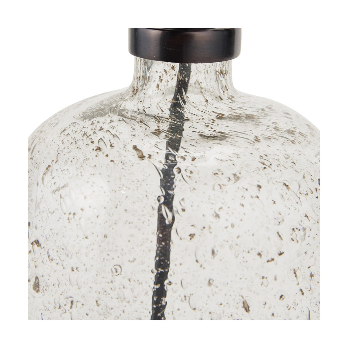 Close-up of the Ophelia Small Grey Bubble Glass Table Lamp Base, 32cm, showing bubbled glass texture with a dark central seam and bronze-toned metal collar on a white background.