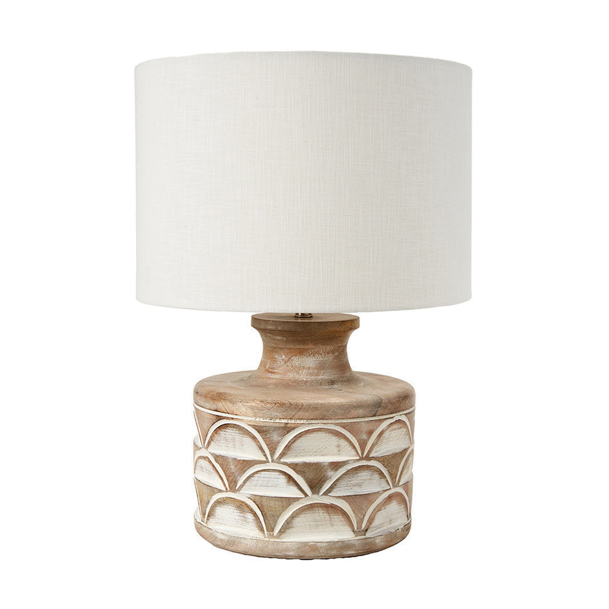 Kingsbury White Wash Large Carved Wood Table Lamp Base with a scalloped carved pattern and cylindrical white linen shade, shown on a plain white background.