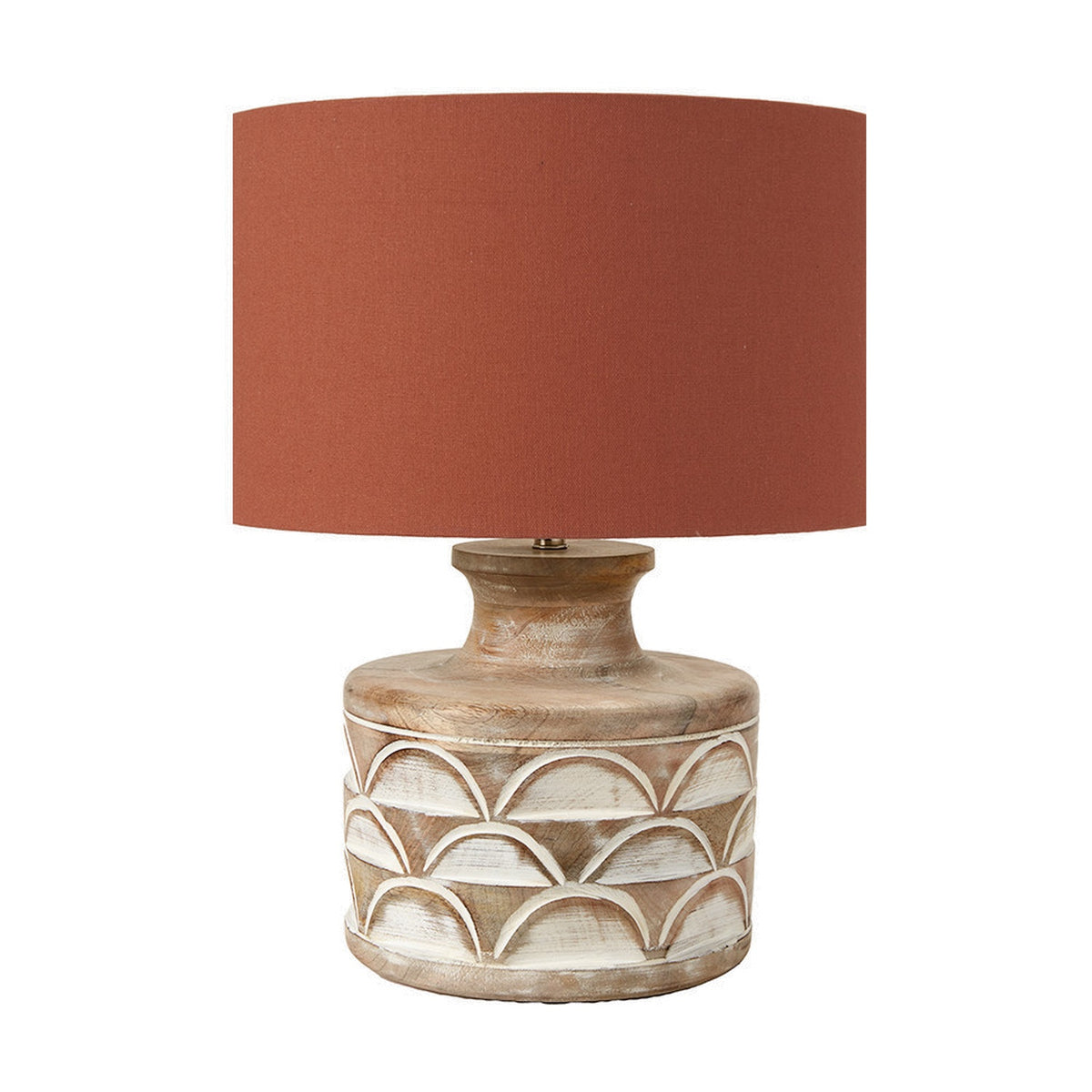 Kingsbury table lamp with white wash carved wood base featuring a scalloped pattern, paired with a terracotta drum shade on a plain white background.