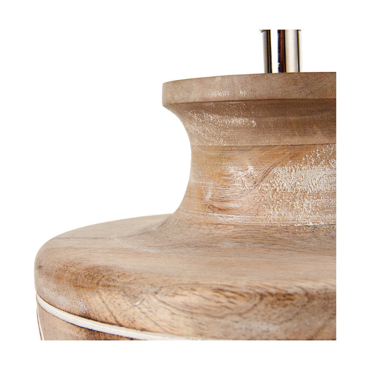 Close-up of the Kingsbury White Wash Large Carved Wood Table Lamp Base, showing turned wood detailing with a whitewashed finish and chrome fitting, set against a plain white background.