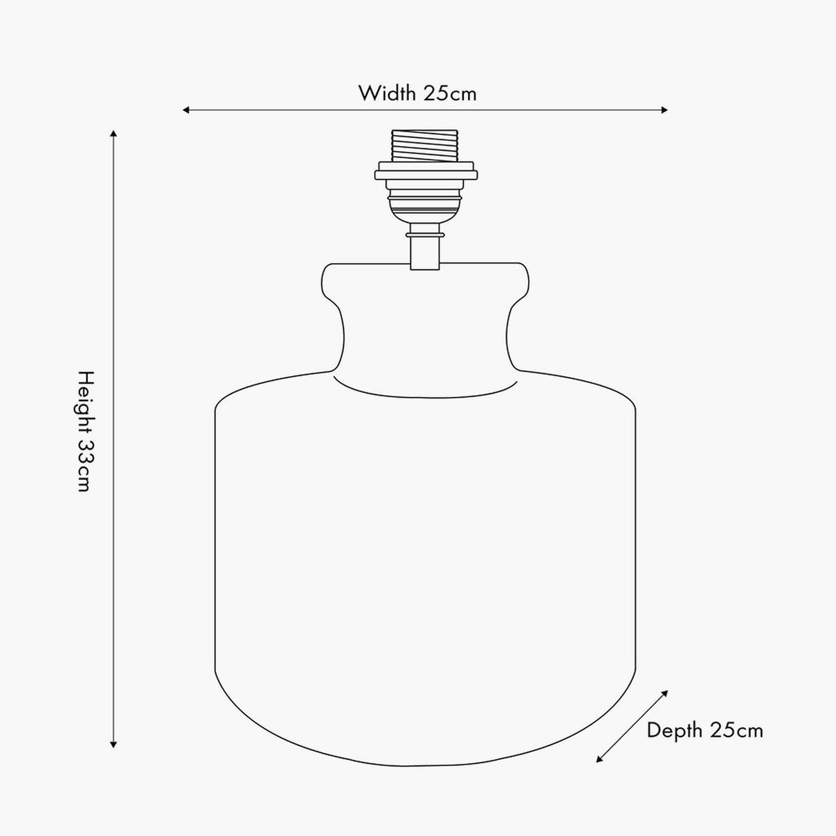 Line drawing of the Kingsbury White Wash Large Carved Wood Table Lamp Base with dimensions labelled: 25cm width, 25cm depth, and 33cm height, on a plain background.