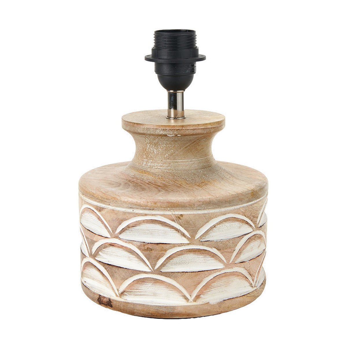 Kingsbury table lamp base, 25cm, in white wash carved wood with a scalloped pattern, rounded body, and black bulb holder with silver fitting, shown on a plain white background.