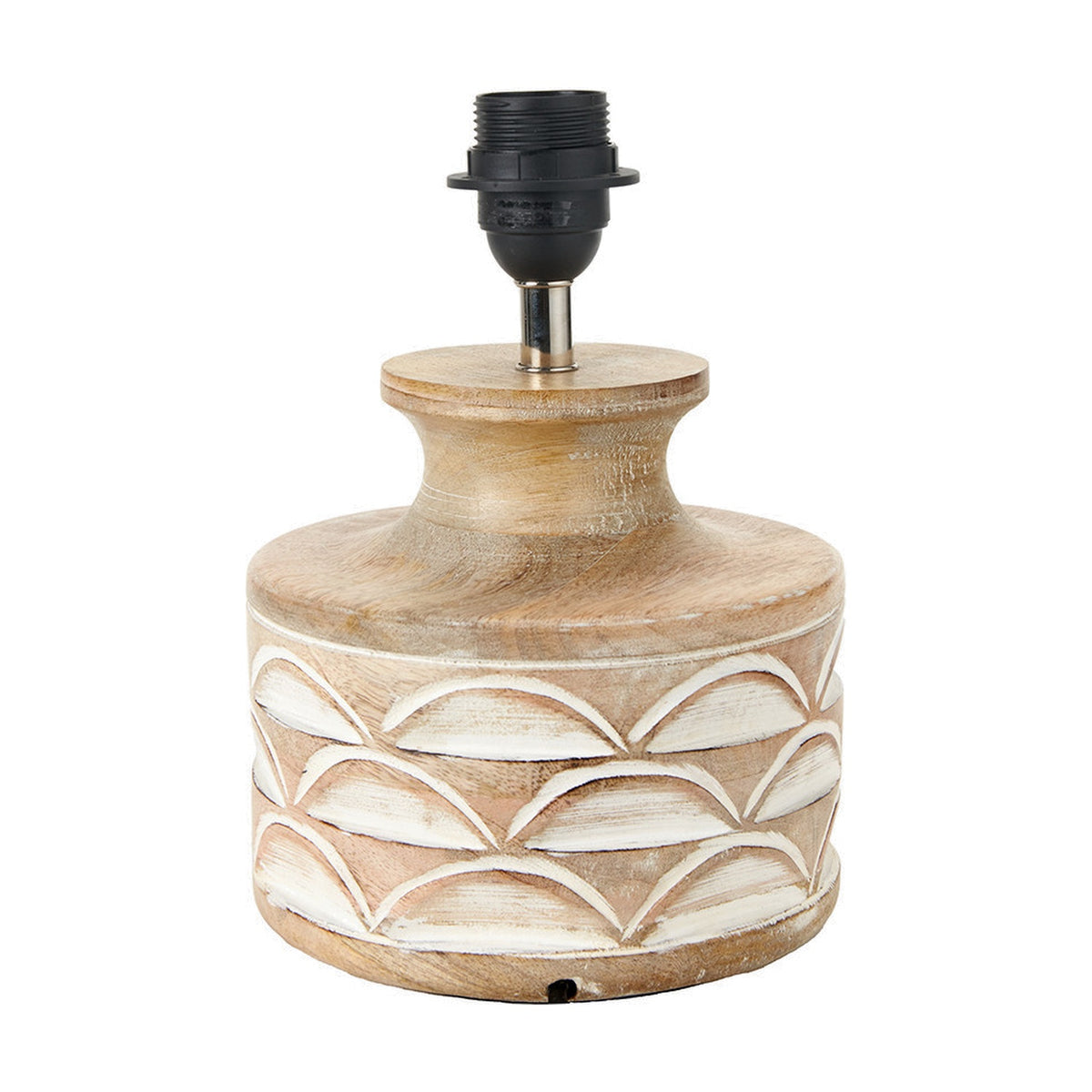 Kingsbury table lamp base, 25cm, white wash carved wood with scalloped pattern, black E27 fitting, on a plain white background.