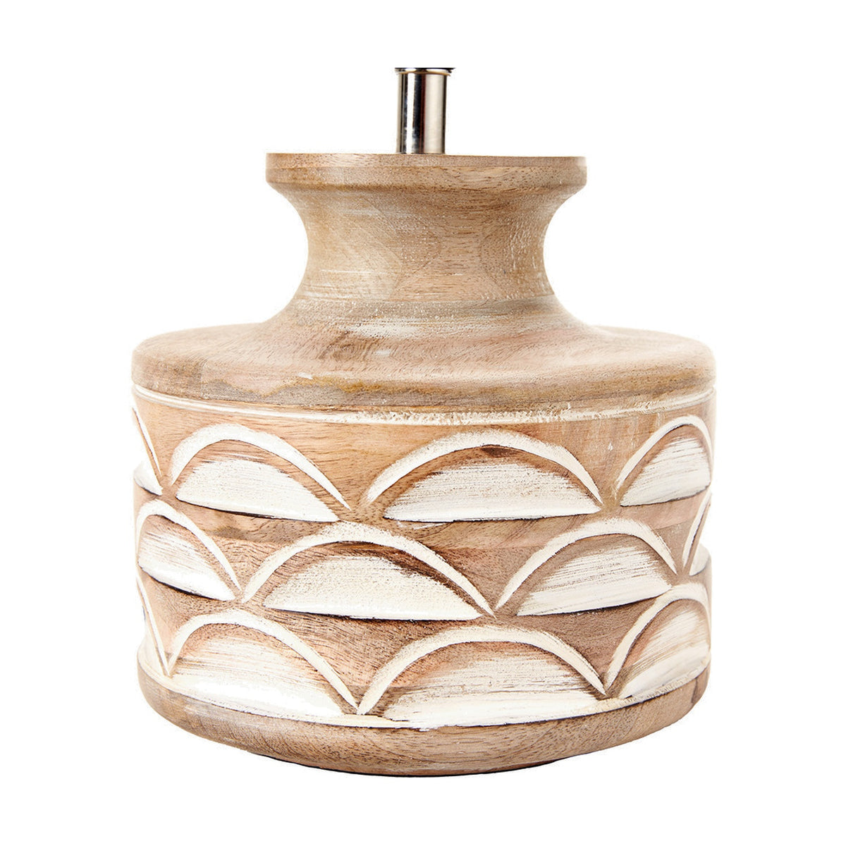 Kingsbury White Wash Carved Wood Table Lamp Base, 25cm, with scalloped carved band and silver fitting, shown on a plain white background.