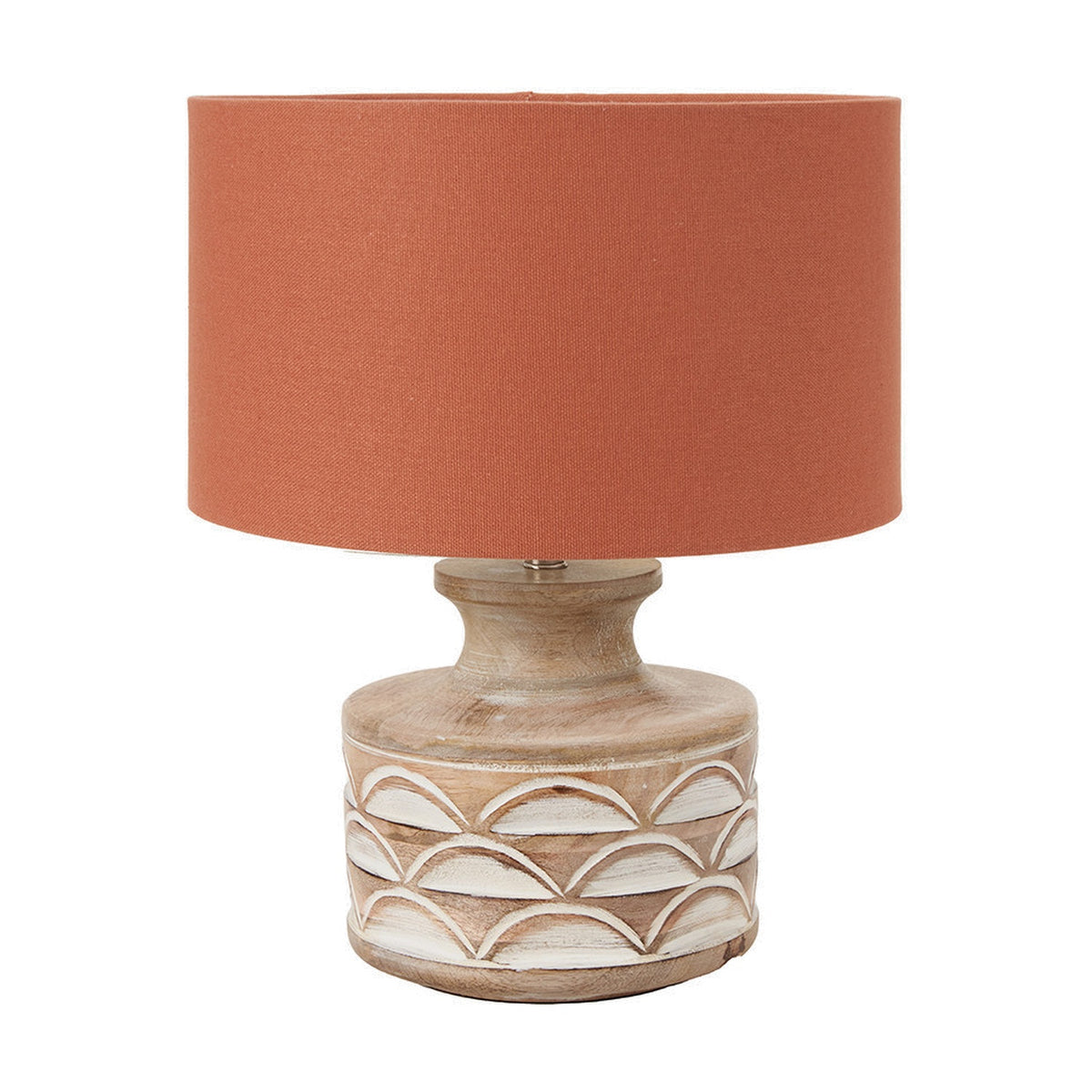 Kingsbury table lamp with a white wash carved wood base featuring layered arch details and an orange drum shade, shown on a plain white background.