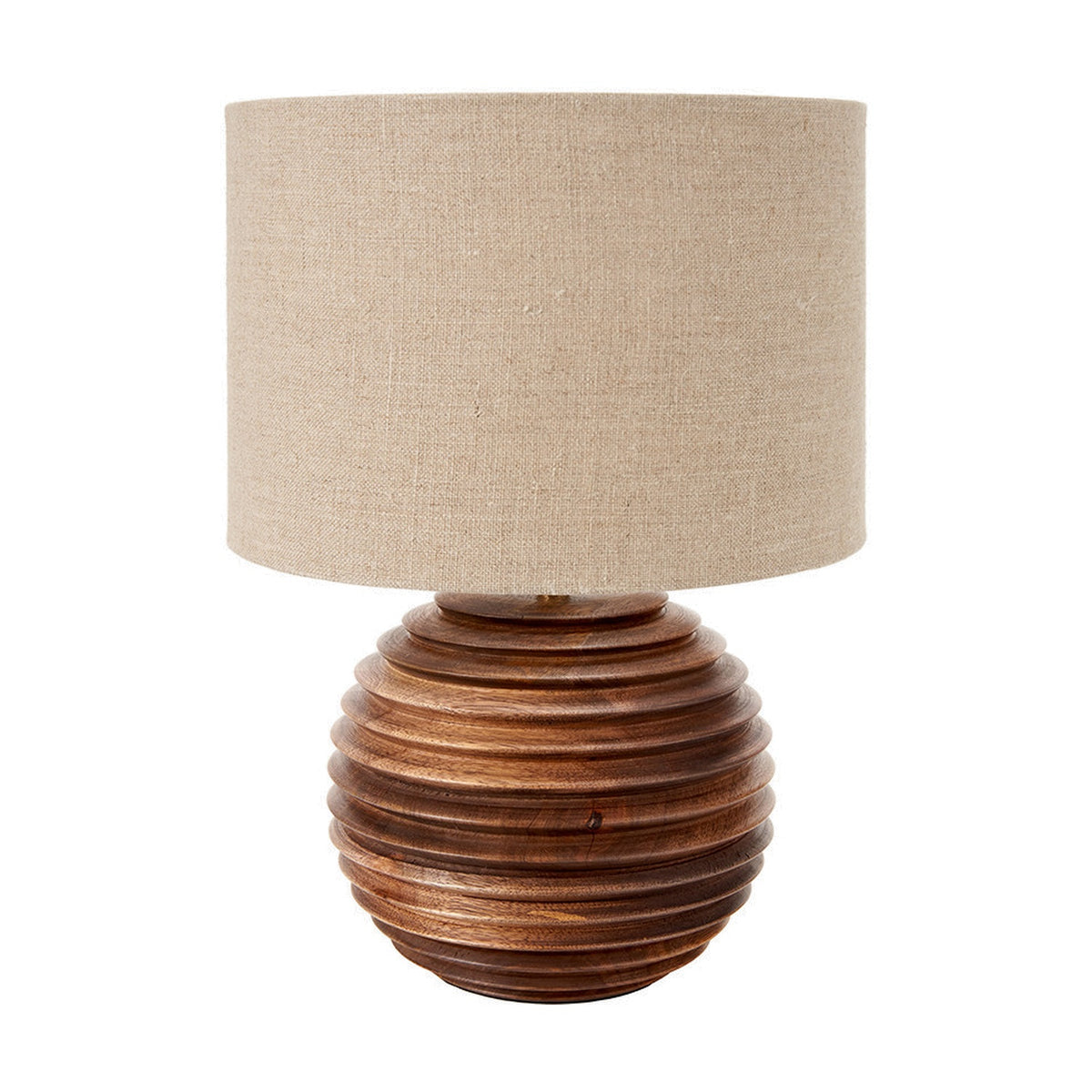Pembury Brown Wash Turned Wood Table Lamp Base, 27cm, with a ribbed spherical wooden base and natural linen drum shade, shown on a plain white background.