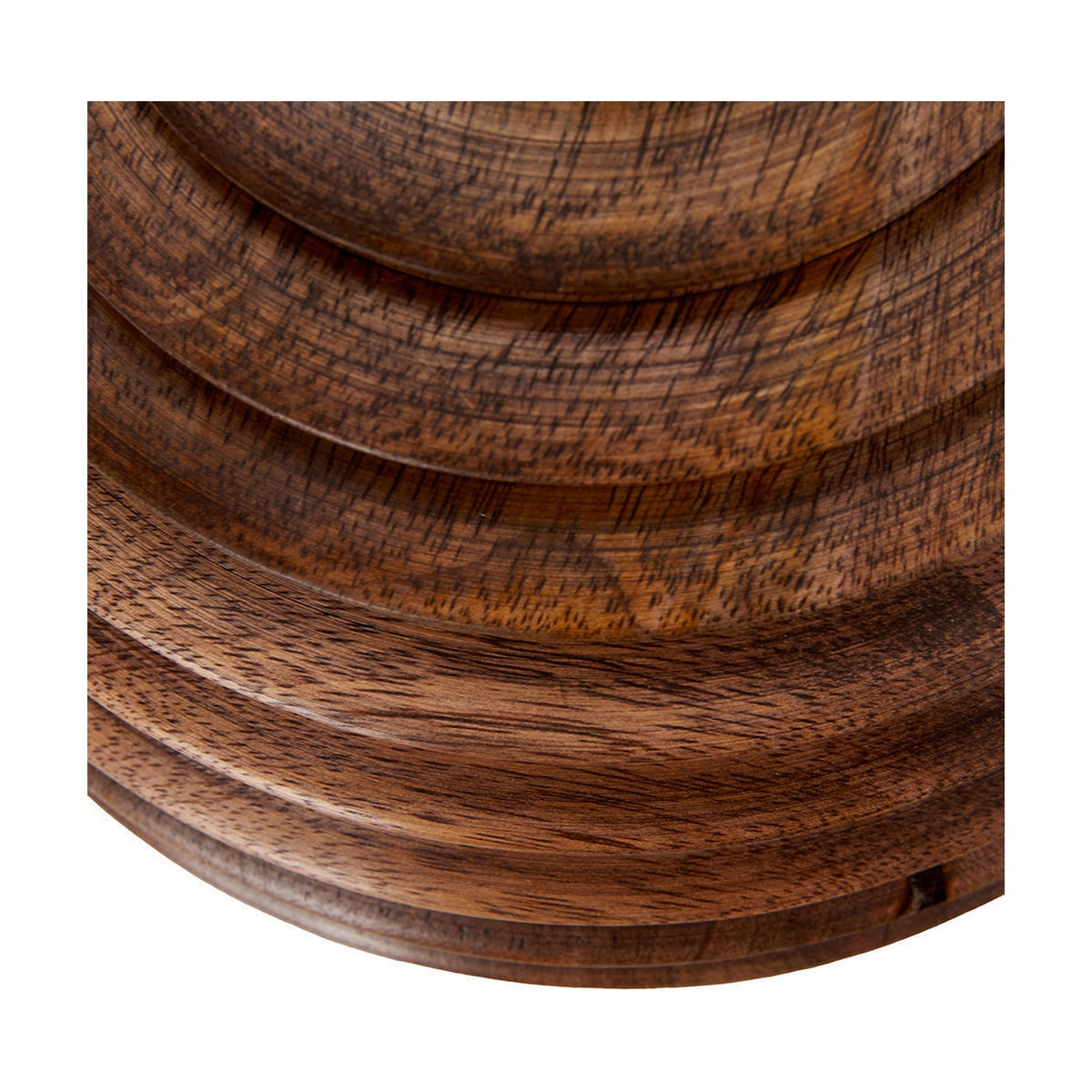 Close-up of the Pembury Brown Wash Turned Wood Table Lamp Base, showing turned wood detailing with ridged tiers and a warm brown wash finish.