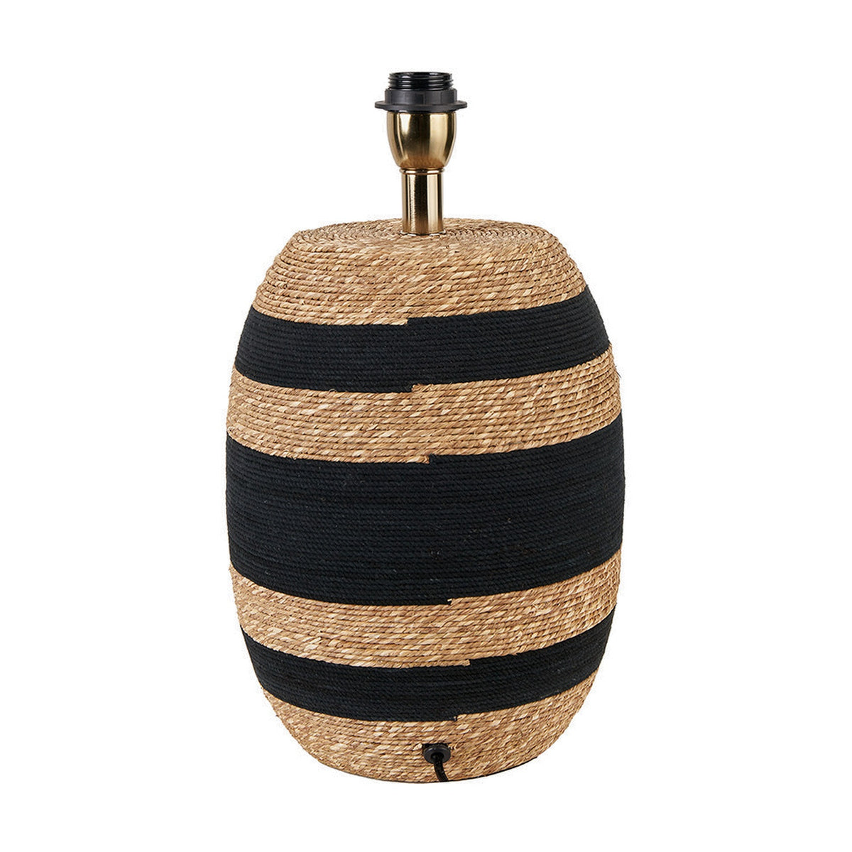 Kalutara tall table lamp base, 43cm, barrel-shaped sea grass wicker body with black and natural stripes, brass fitting, on a plain white background.