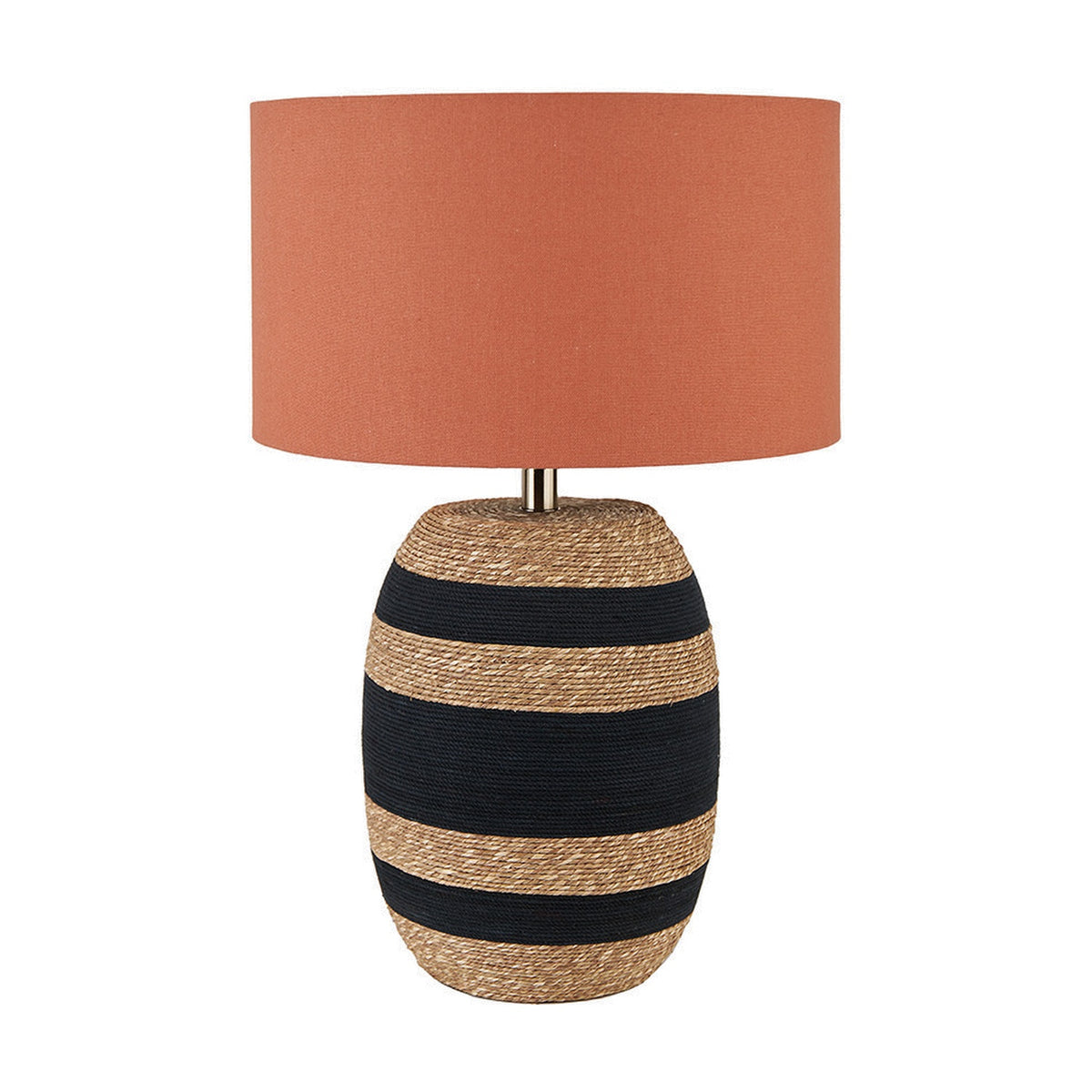 Kalutara Table Lamp with black and natural sea grass striped base and terracotta drum shade, shown on a plain white background.