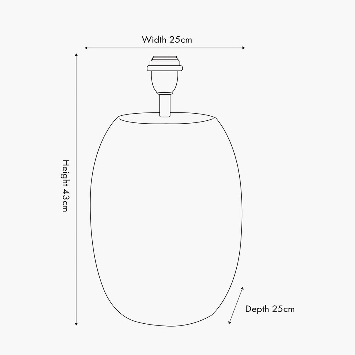 Line drawing of the Kalutara tall table lamp base with dimensions labelled: 25cm width, 25cm depth and 43cm height, on a plain background.