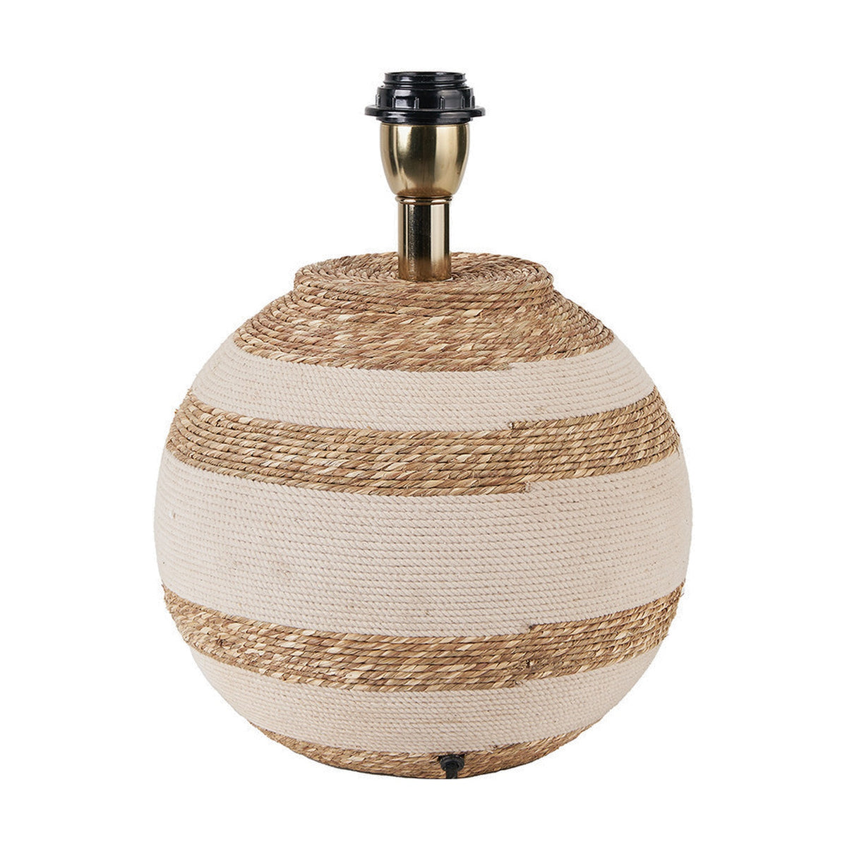 Talalla Beige & Natural Sea Grass Table Lamp Base, 25cm, round woven sea grass body with cream stripes and brass-finish fitting, on a plain white background.