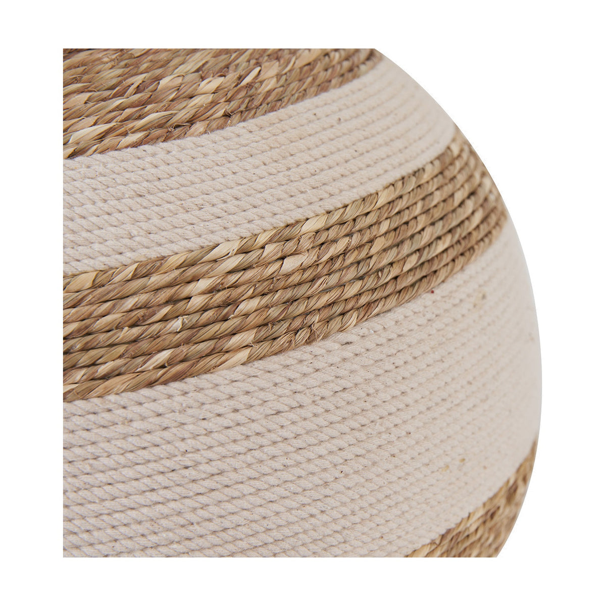 Close-up of the Talalla table lamp base, 25cm, showing woven sea grass texture in natural and beige striped bands on a rounded form.